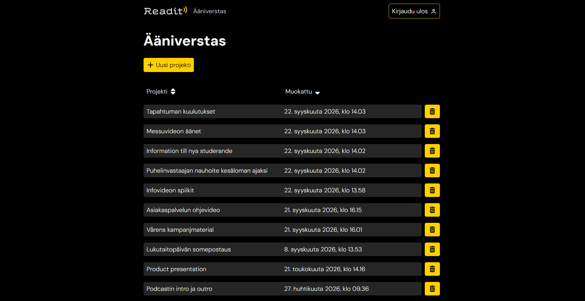 Kuvakaappaus Ääniverstaan etusivusta, jossa lukee viimeisimmät projektit ja voi aloittaa uuden projektin.