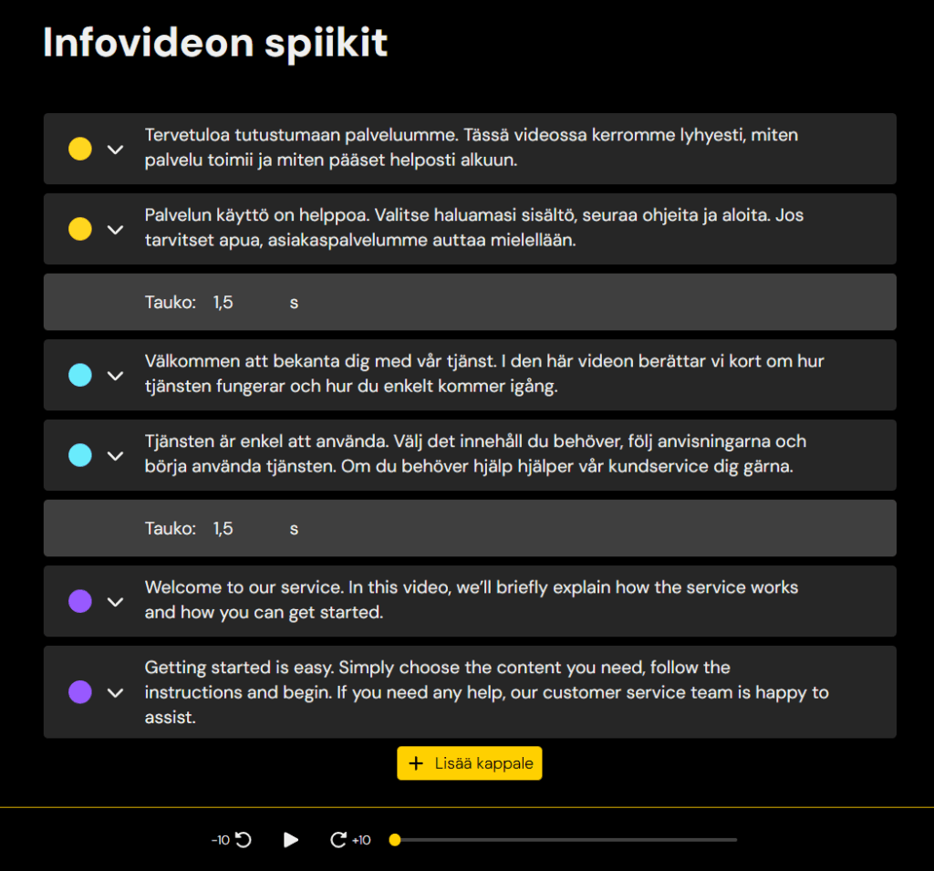 Kuvakaappaus Ääniverstaan projektista, jossa on tehty "infovideon spiikit" suomeksi, suomenruotsiksi ja englanniksi.