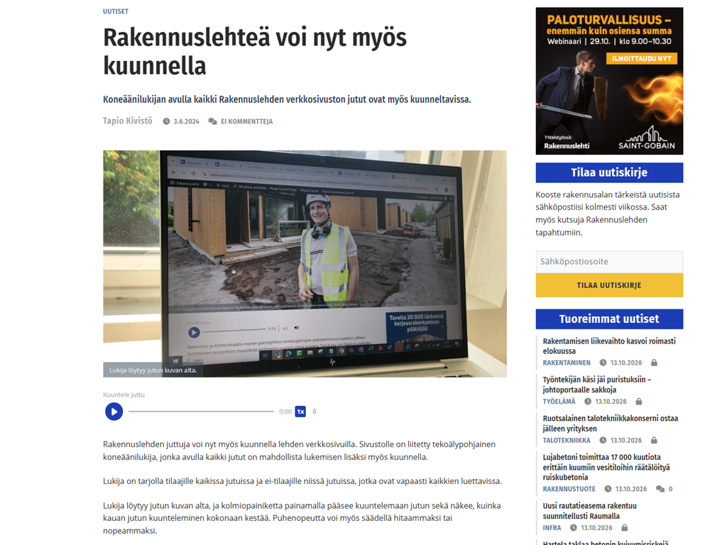 kuvakaappaus Rakennuslehden artikkelista, jonka otsikkona on "Rakennuslehteä voi nyt myös kuunnella".